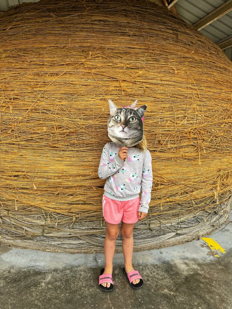 Girl with a cat mask in front of the World's Largest Ball of Twine.